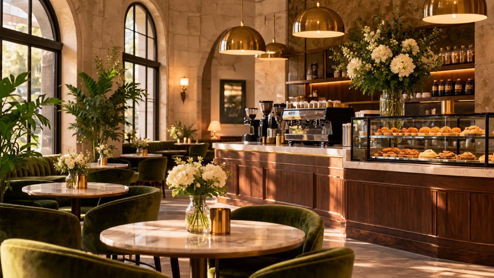 Warm café setting with handcrafted desserts