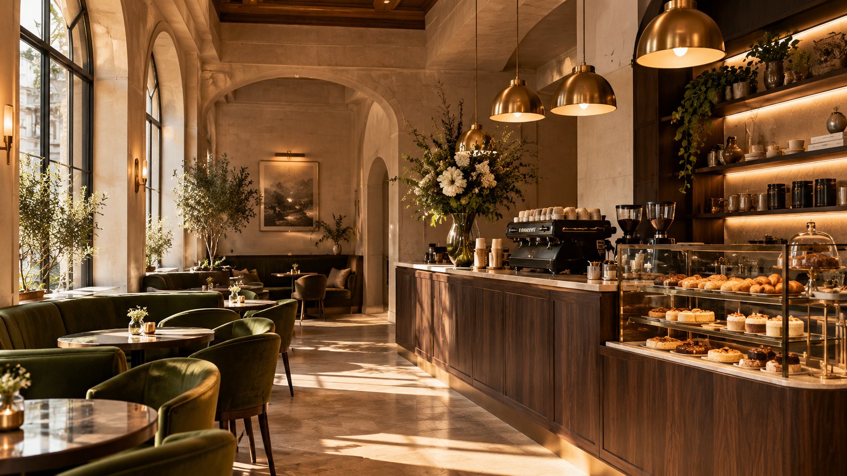 Warm, elegant café interior with brass lights and intimate tables