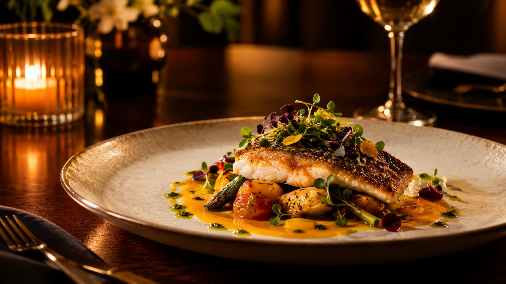 A carefully plated seasonal dish served in candlelight