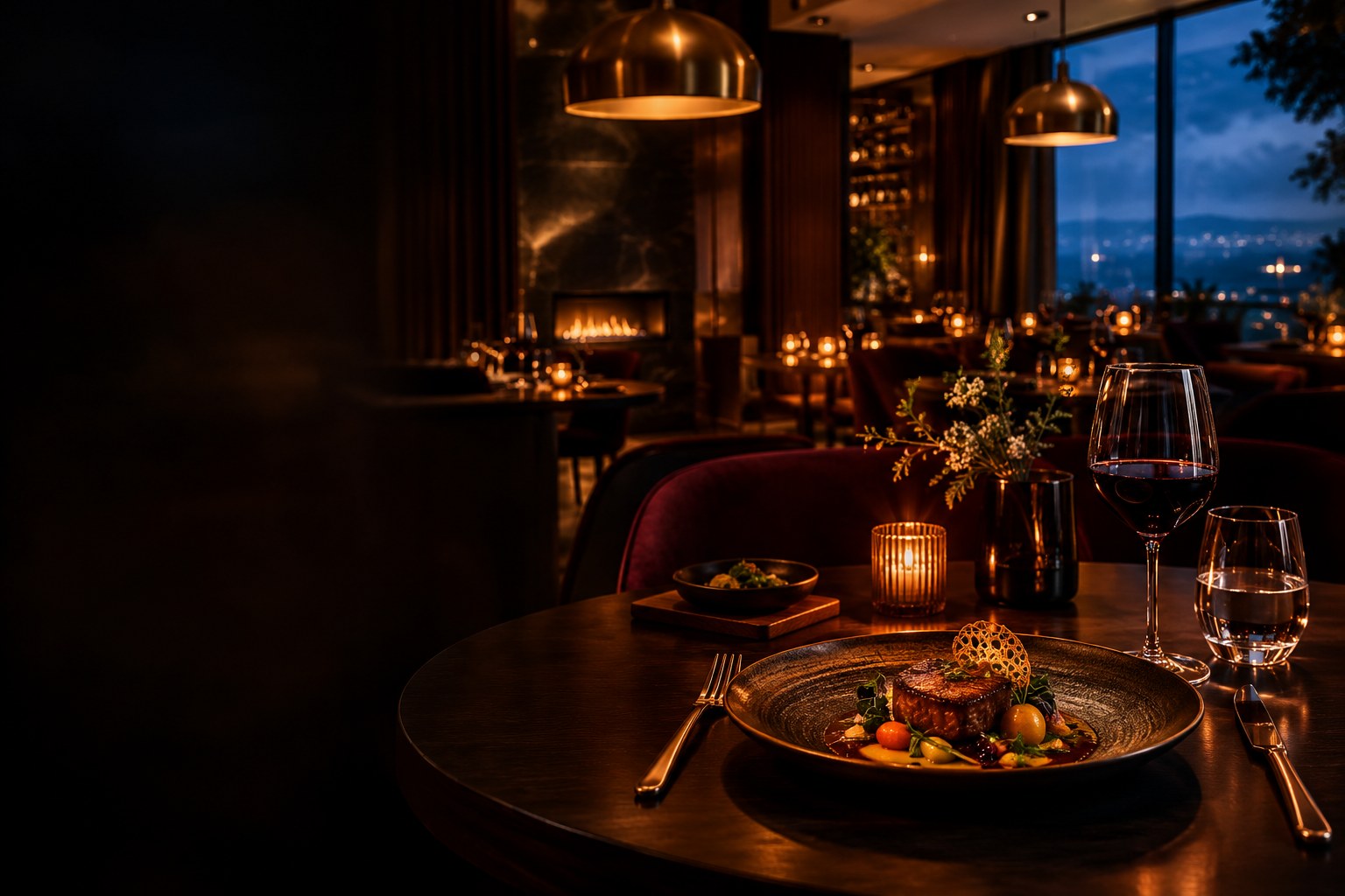 Candlelit fine dining table in an intimate, warmly lit restaurant